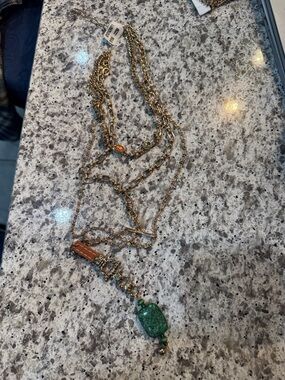 Free people Gold Multi-Chain layered Necklace with Green Stone Pendant